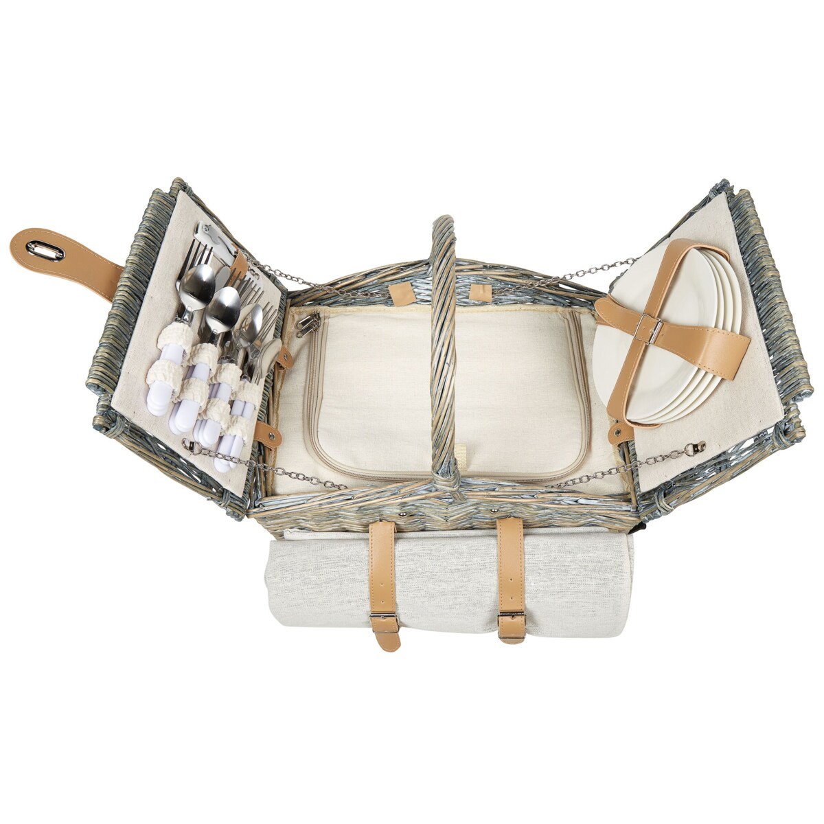 Kosz piknikowy z wikliny dla 4 osób naturalny z szarym CANELE