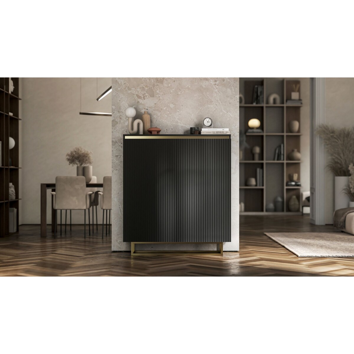 Komoda Glamour Szafka RTV Czarny MAT ryflowane fronty złote akcenty 110,8 cm