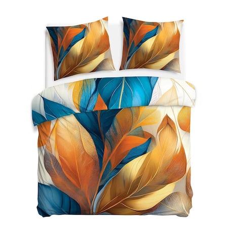 Pościel satyna bawełniana 160x200 Aurelia w złote i niebieskie liście, Satynlove Premium