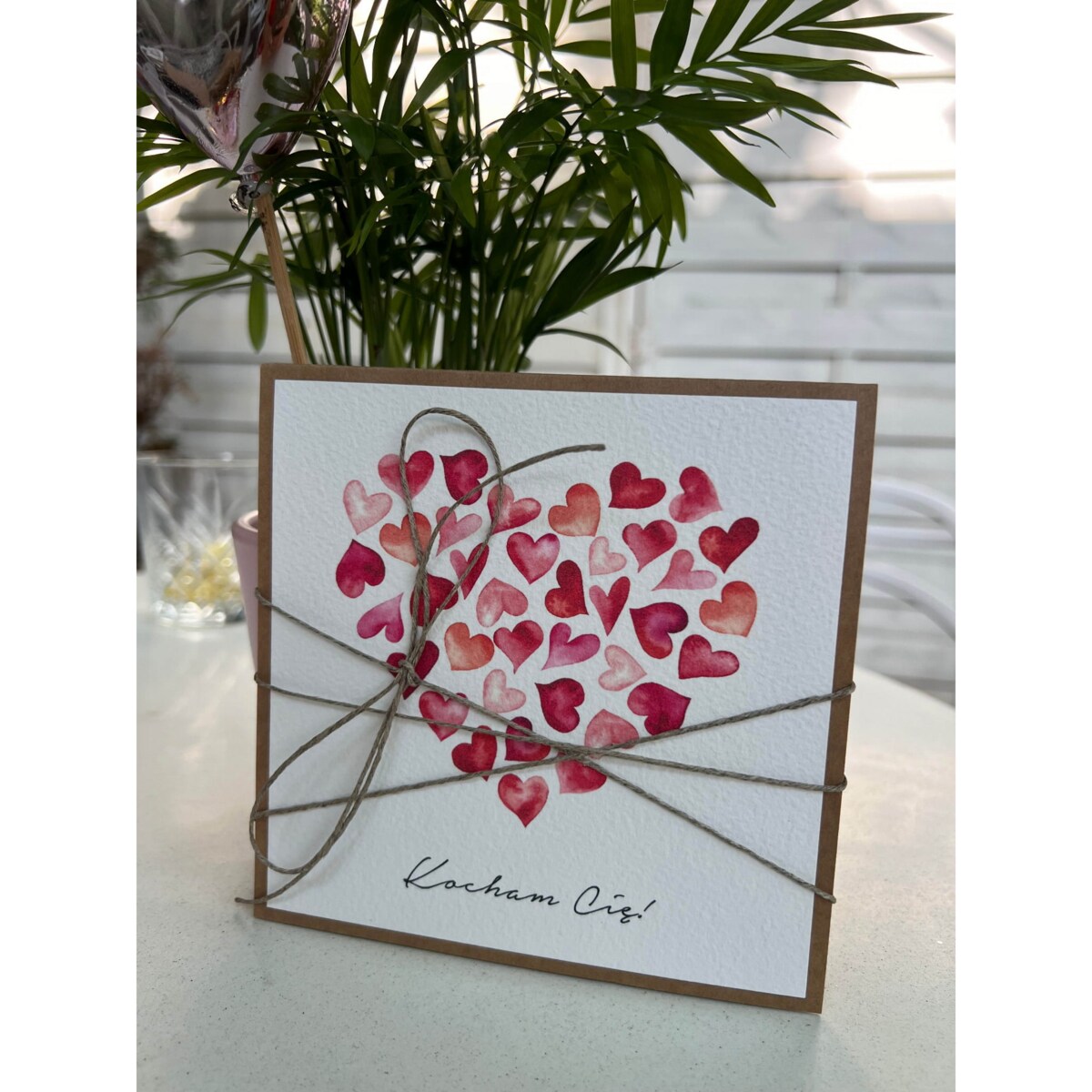 Wyjątkowa ręcznie robiona kartka prezent na walentynki, walentynkowa - walentynka z sercem z napisem Kocham Cię