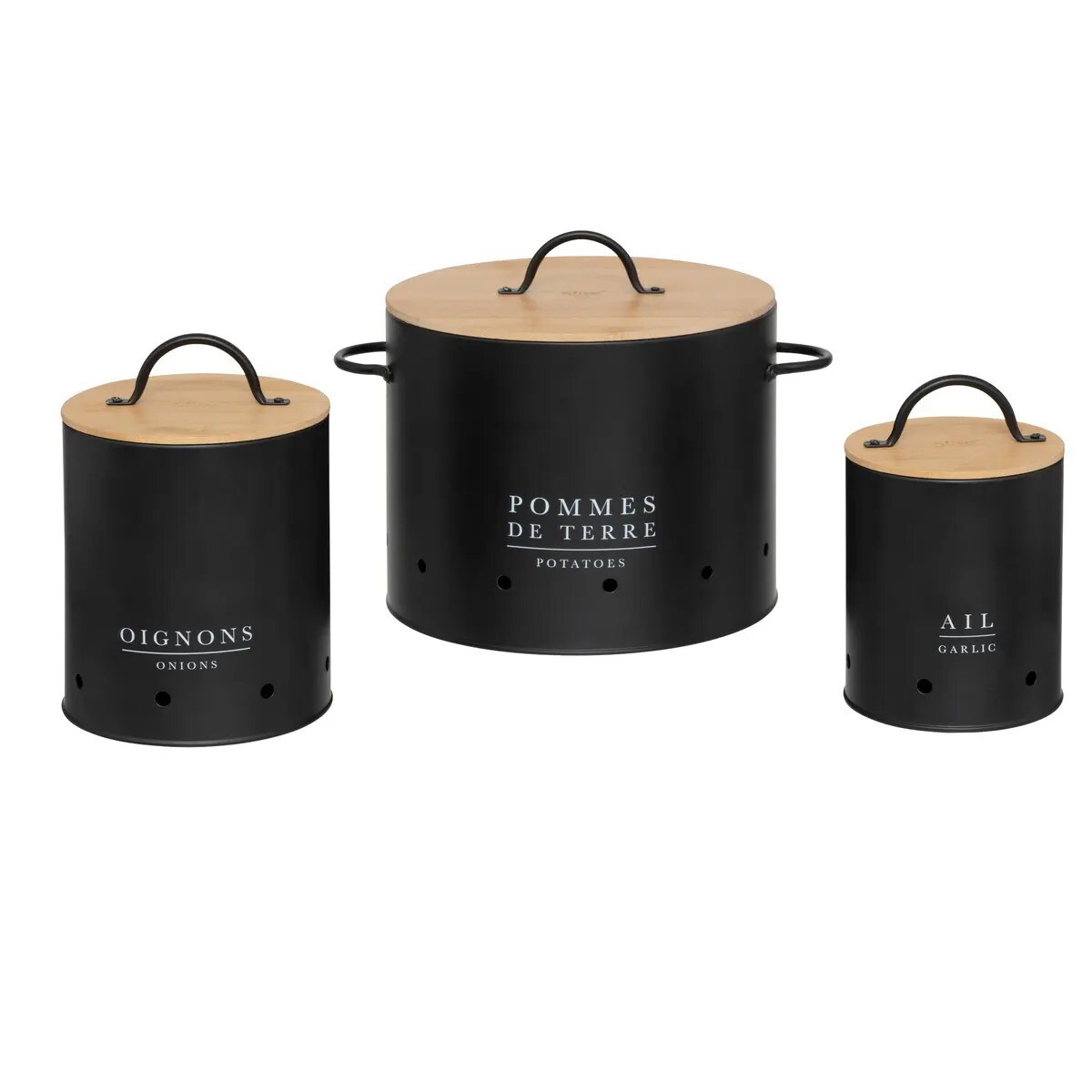 Komplet pojemników na ziemniaki, cebulę i czosnek Black