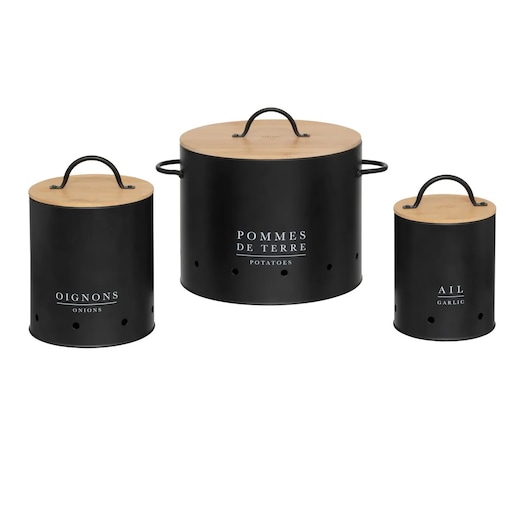 Komplet pojemników na ziemniaki, cebulę i czosnek Black