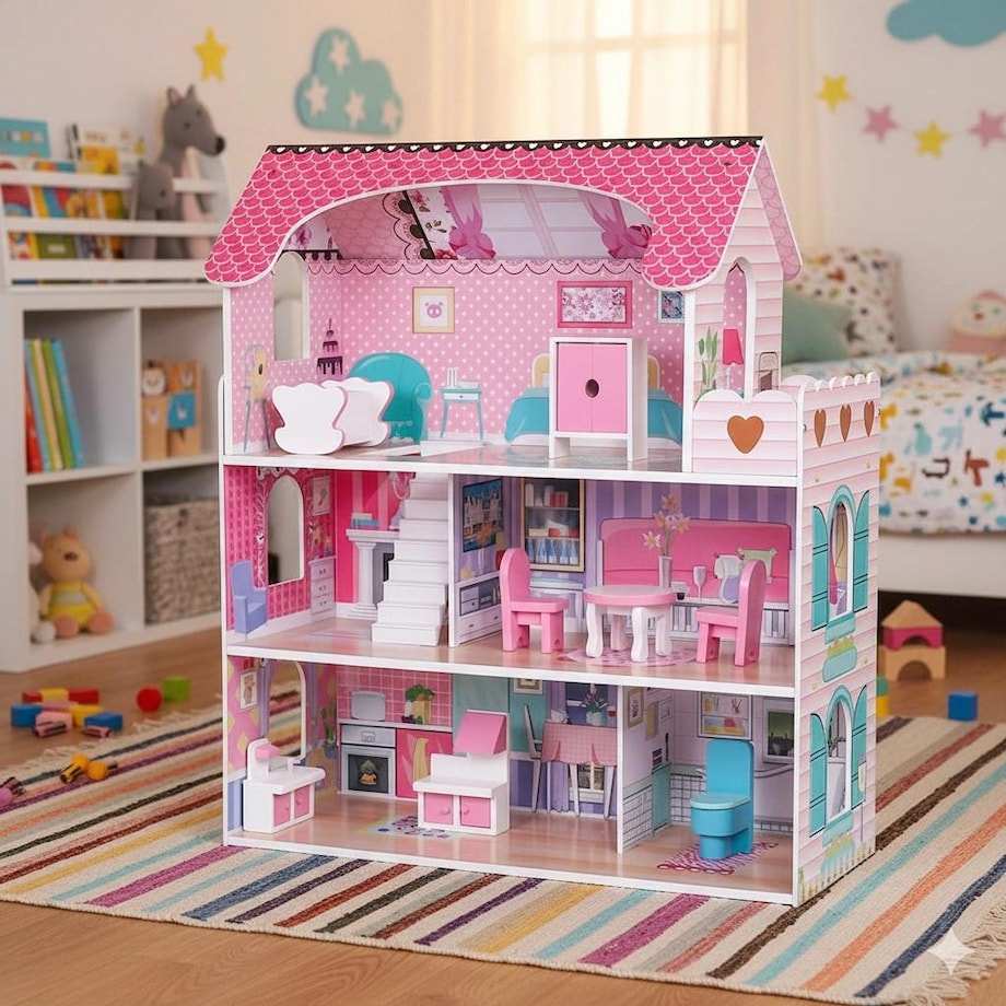 Domek dla lalek WOOPY LED drewniany XL – 3-poziomowy domek z 8 mebelkami i balkonem