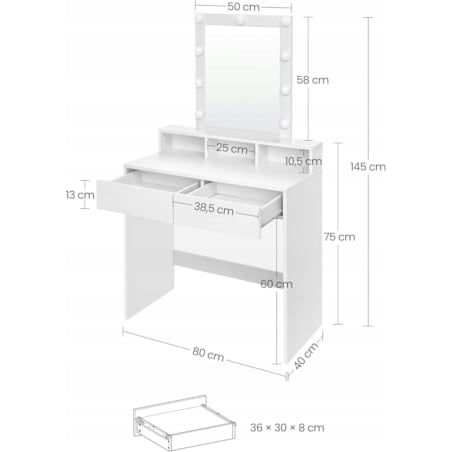 TOALETKA Z LUSTREM LED DO MAKIJAŻU WIZAŻU KOSMETYCZNA NOWOCZESNA LOFT 80 CM