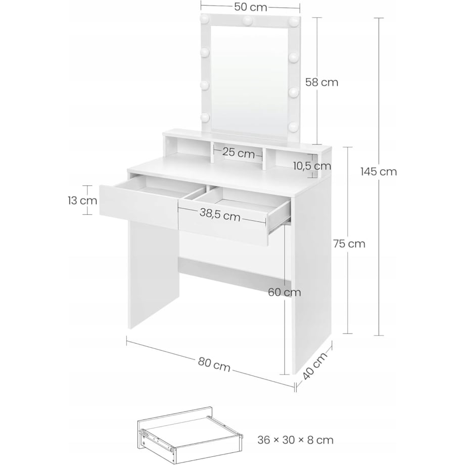 TOALETKA Z LUSTREM LED DO MAKIJAŻU WIZAŻU KOSMETYCZNA NOWOCZESNA LOFT 80 CM