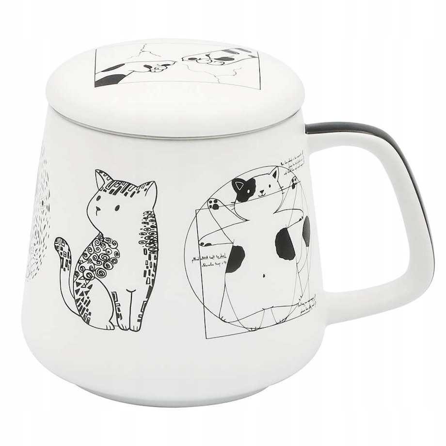 Kubek z uchwytem nierdzewnym zaparzaczem i pokrywką CAT ARTIST z motywem kota 400ml do naparów - prezent dla koleżanki przyjaciółki żony babci mamy