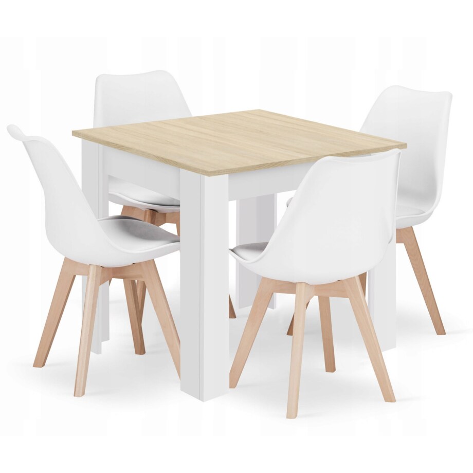 Zestaw Stół Do Jadalni Kuchni Salonu Biura Kwadratowy 80X80 Dąb Sonoma + 4 Krzesła Mark Białe