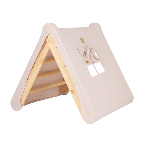 MeowBaby® Domek z drabinką dla dzieci 60x61 cm składaną do pokoju. Drewno, Len, Wiskoza, Różowy Domek, Naturalna drabinka