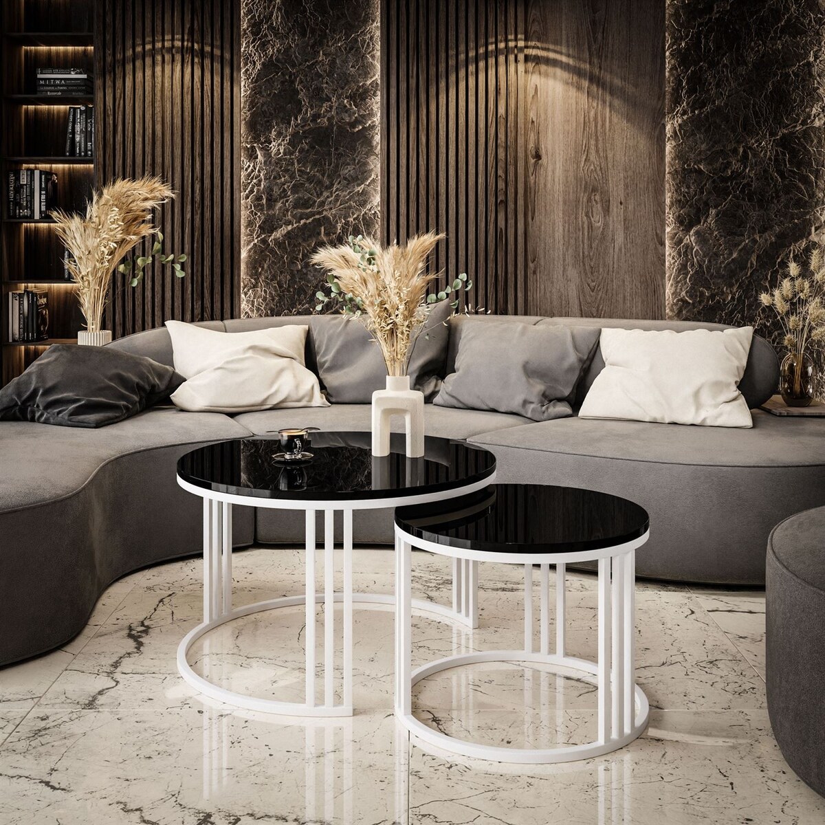 Okrągły stolik kawowy LORI 2w1 biały czarny połysk