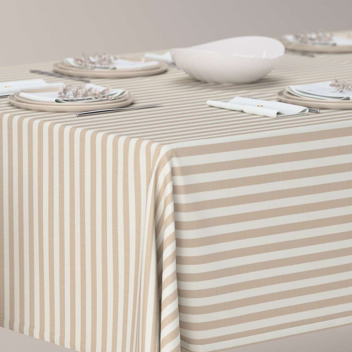 Obrus prostokątny 130 x 130 cm beżowo-białe pasy (1,5cm)