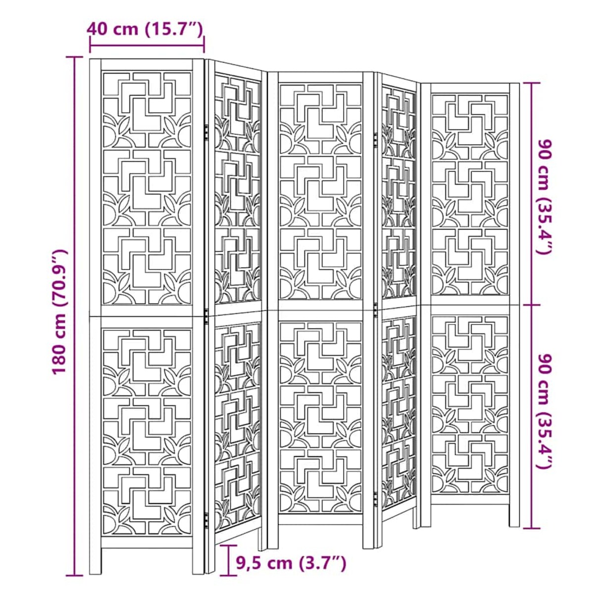 vidaXL Parawan pokojowy, 5-panelowy, brązowy, lite drewno paulowni