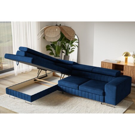 Narożnik NOLA do salonu, na srebrnych nogach-lewostronny-Kronos granatowy