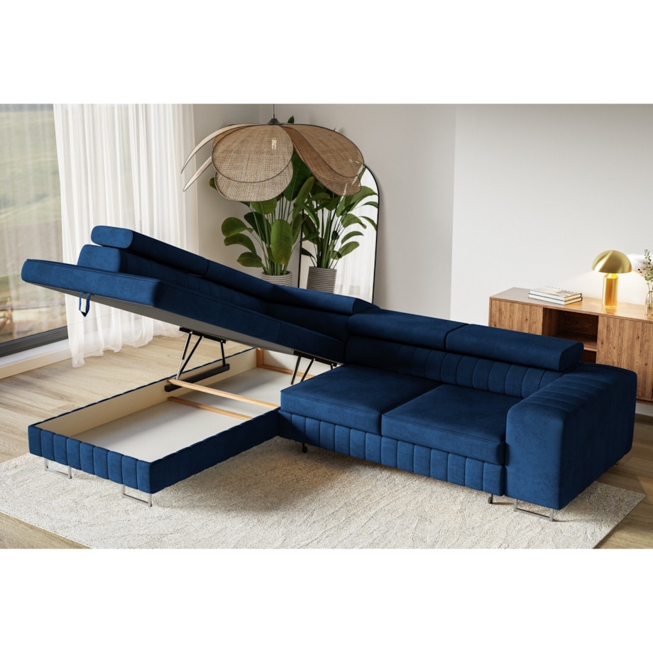 Narożnik NOLA do salonu, na srebrnych nogach-lewostronny-Kronos granatowy