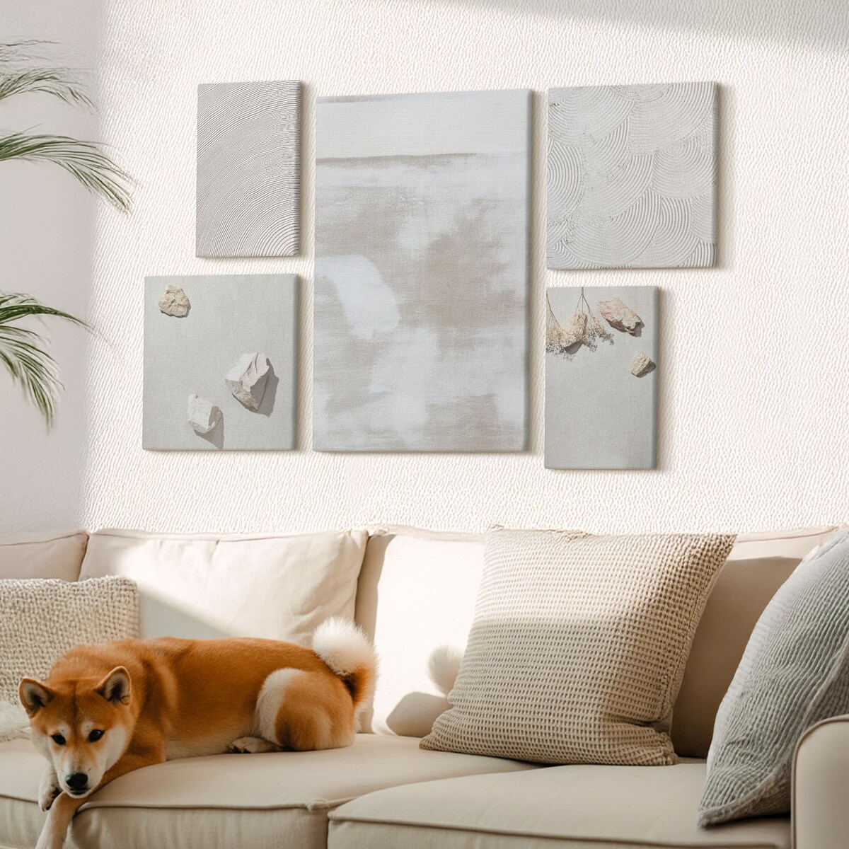 Zestaw 5 obrazów na płótnie - Piasek kamienie boho tekstura - beżowy