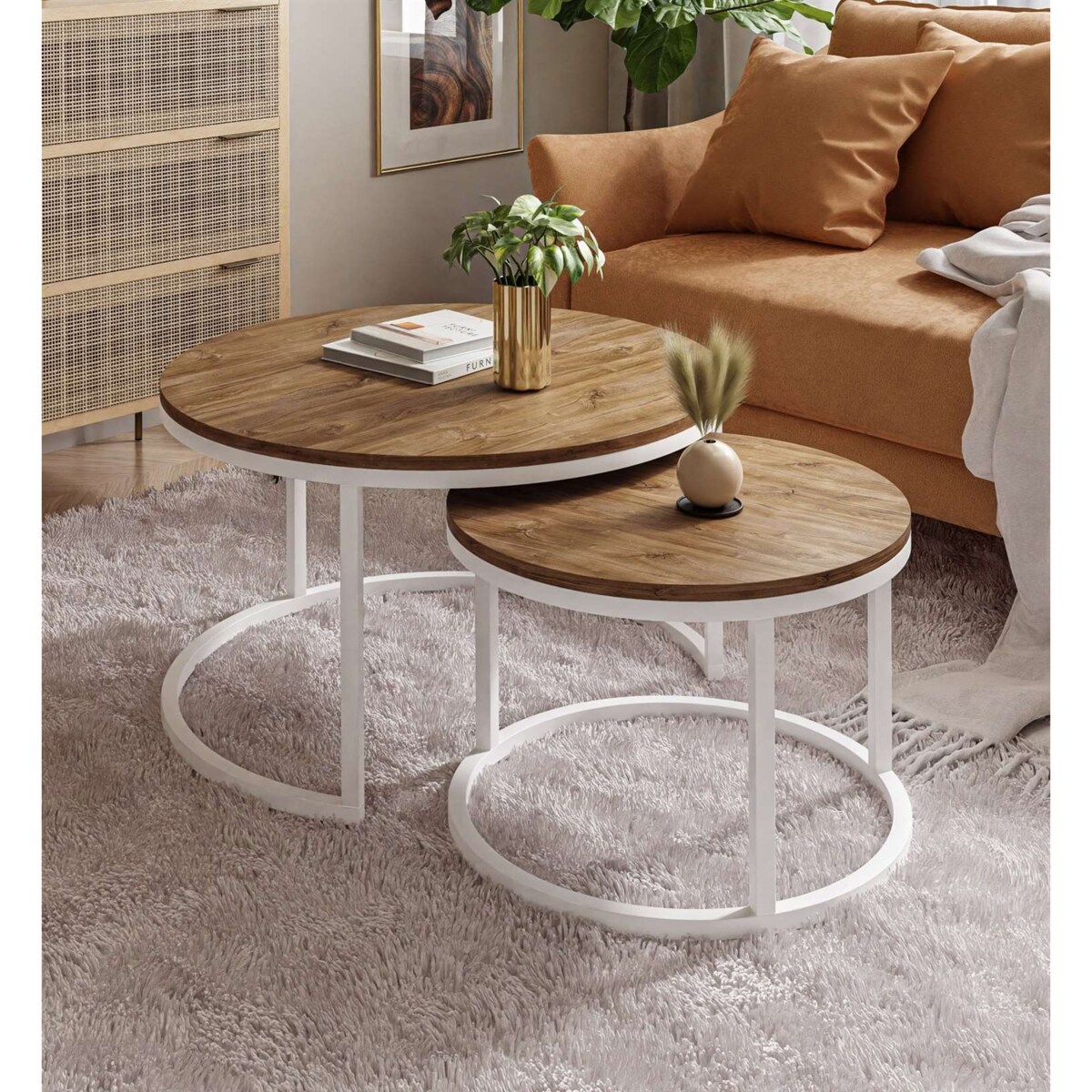 Okrągły stolik kawowy CIRI 2w1 biały dąb stirling