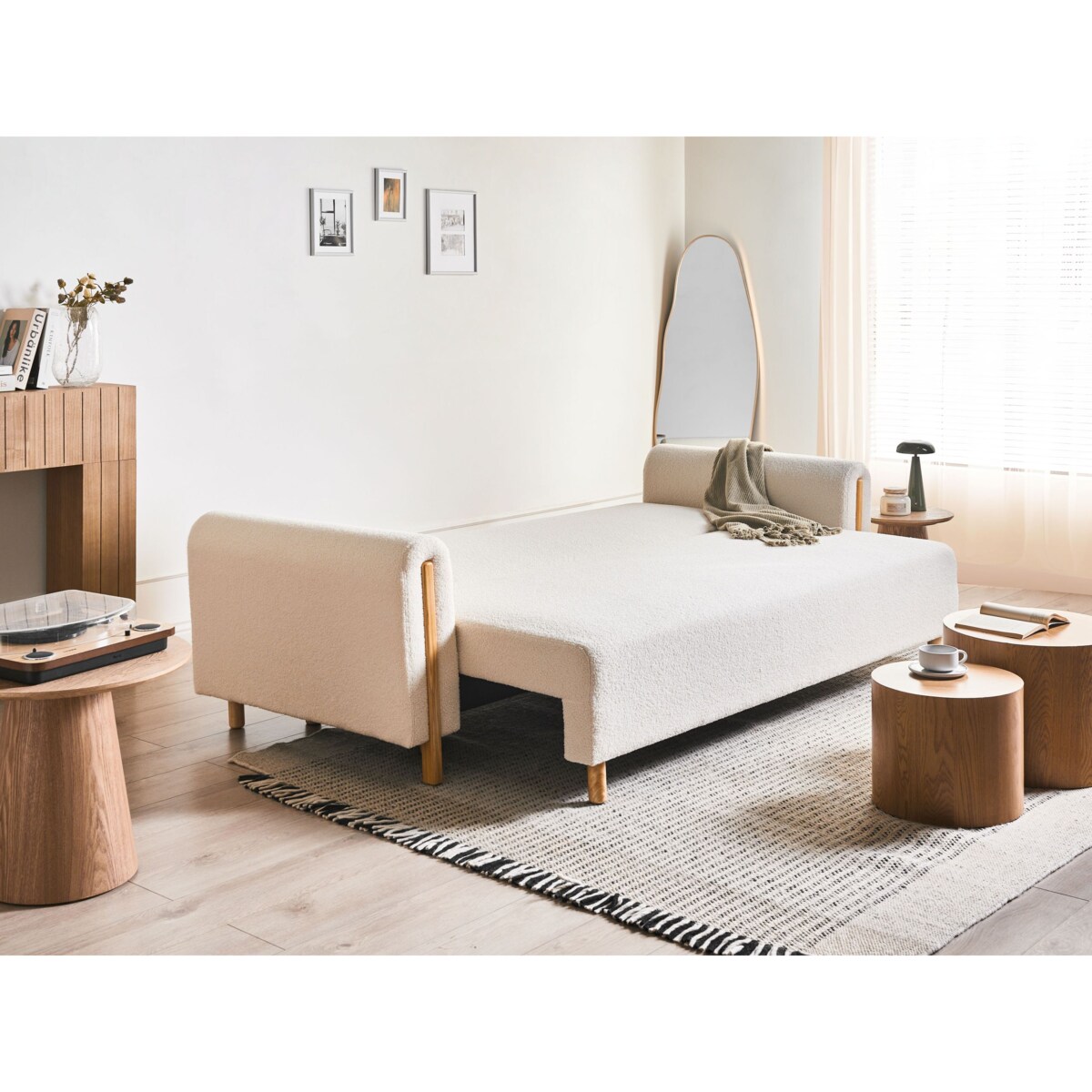 Sofa rozkładana dla 3 osób KVAM Boucle Złamana biel ze schowkiem