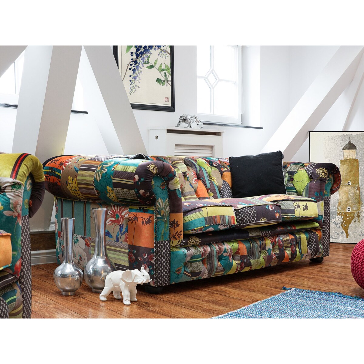 Sofa 3-osobowa patchworkowa żółta CHESTERFIELD