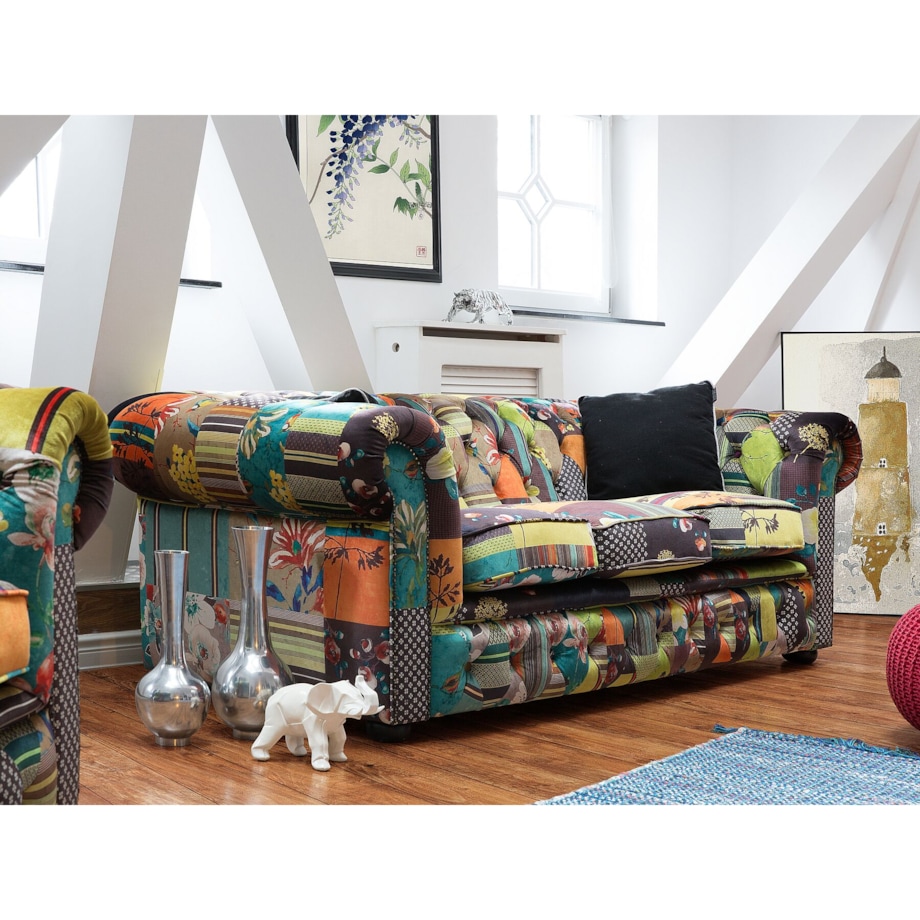 Sofa 3-osobowa patchworkowa żółta CHESTERFIELD