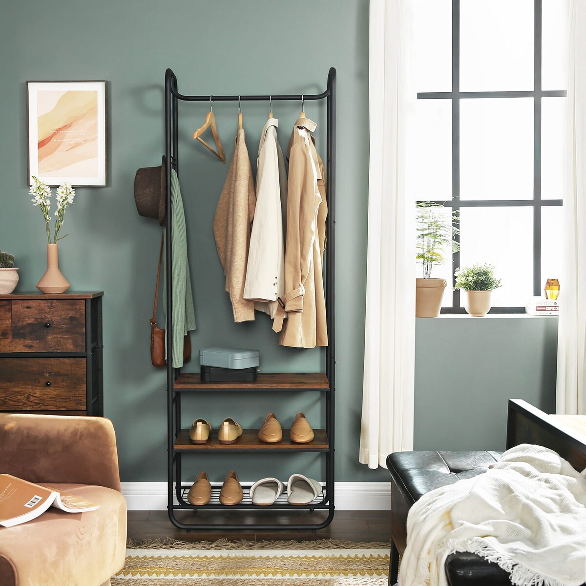 Wieszak Stojak Na Ubrania 58X28X181 Cm Czarny, Rustykalny Brąz