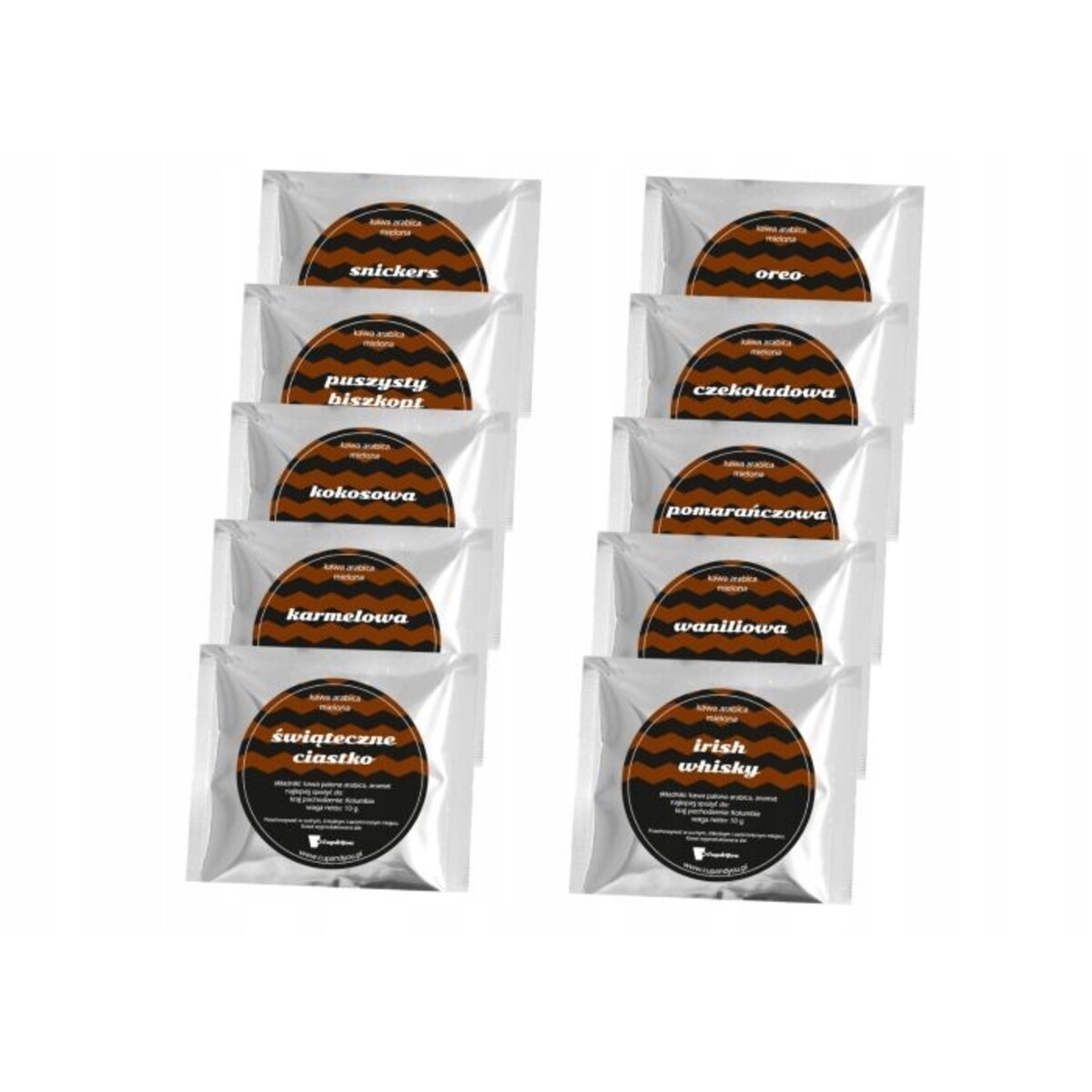 ZESTAW BOX UPOMINKOWY PREZENTOWY NA 20 30 40 50 60 URODZINY DLA KOBIETY FACETA NIEJ NIEGO - 10 RÓŻNYCH SMAKÓW KAW DESEROWYCH ARABICA MIELONYCH W SASZETKACH