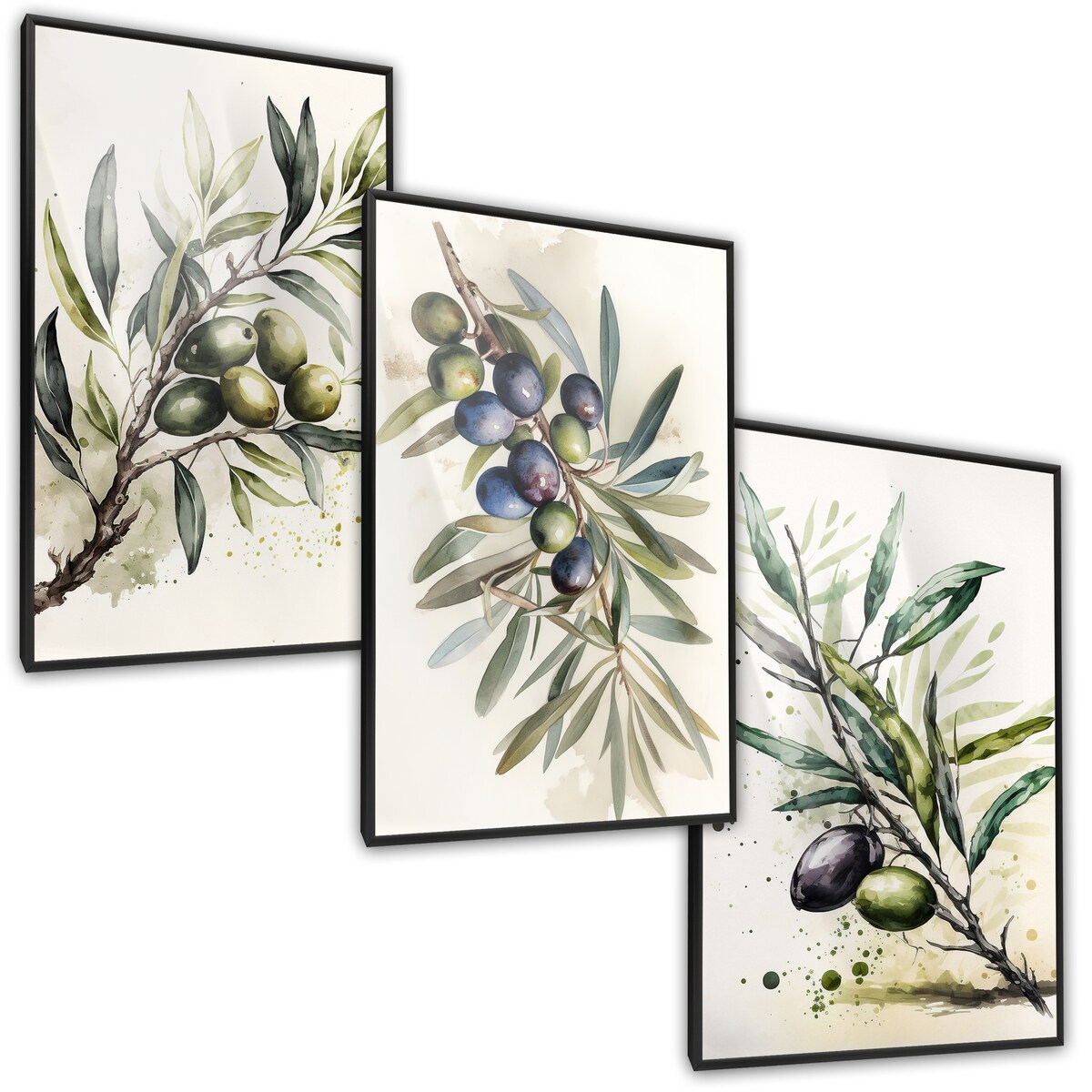 ZESTAW 3X PLAKAT W RAMIE DO JADALNI GAŁĄZKI OLIWNE AKWARELE LIŚCIE 60x80cm
