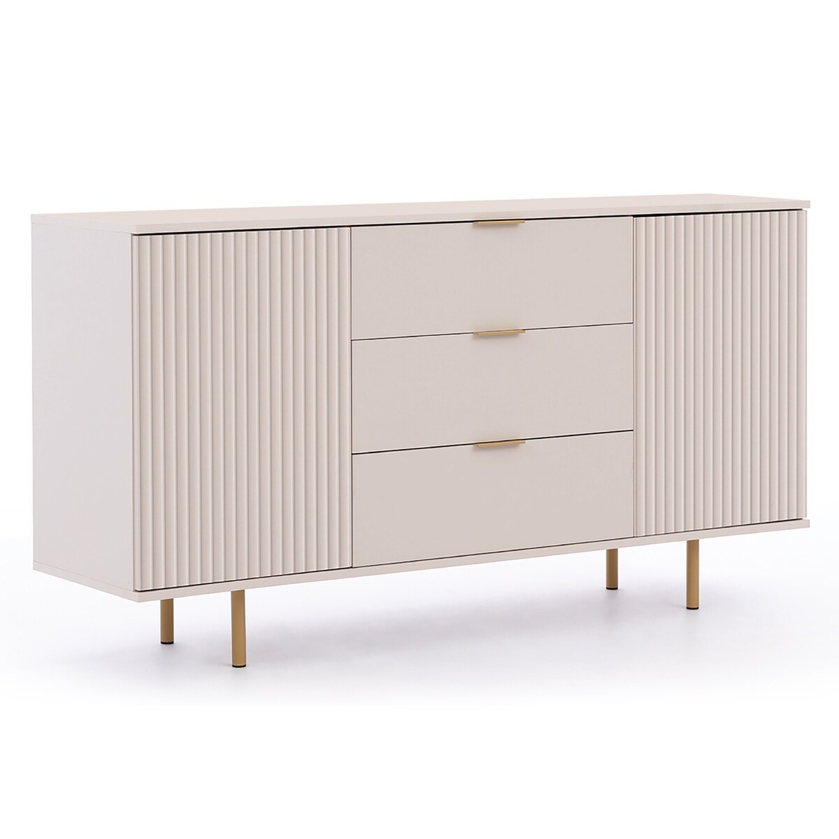 Komoda dwudrzwiowa z szufladami ryflowana beżowa/złote nóżki Molly