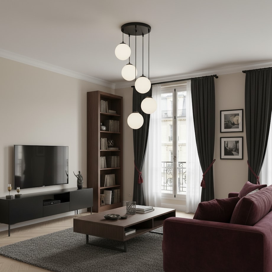 lampa wisząca 5 punktowa kaskadowa edylit kule białe czarna