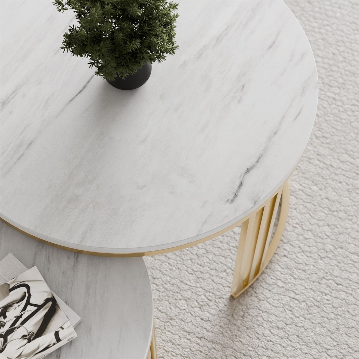 Okrągły stolik kawowy 2w1 LORI MAT złoto szczotkowane, blat Marmur Levanto