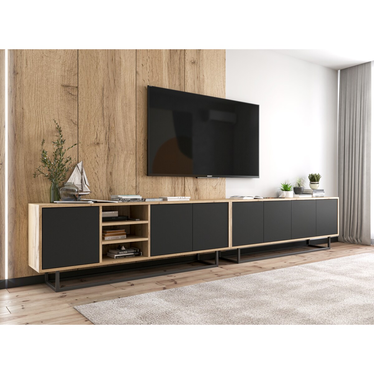 Industrialna Szafka RTV Loft Komoda RTV Dąb Wotan Czarny MAT 150 cm