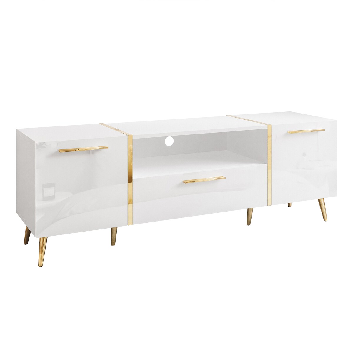 Szafka RTV ONYX na złotych nóżkach wysoki połysk 158 cm, biały połysk, złote uchwyty