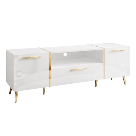 Szafka RTV ONYX na złotych nóżkach wysoki połysk 158 cm, biały połysk, złote uchwyty