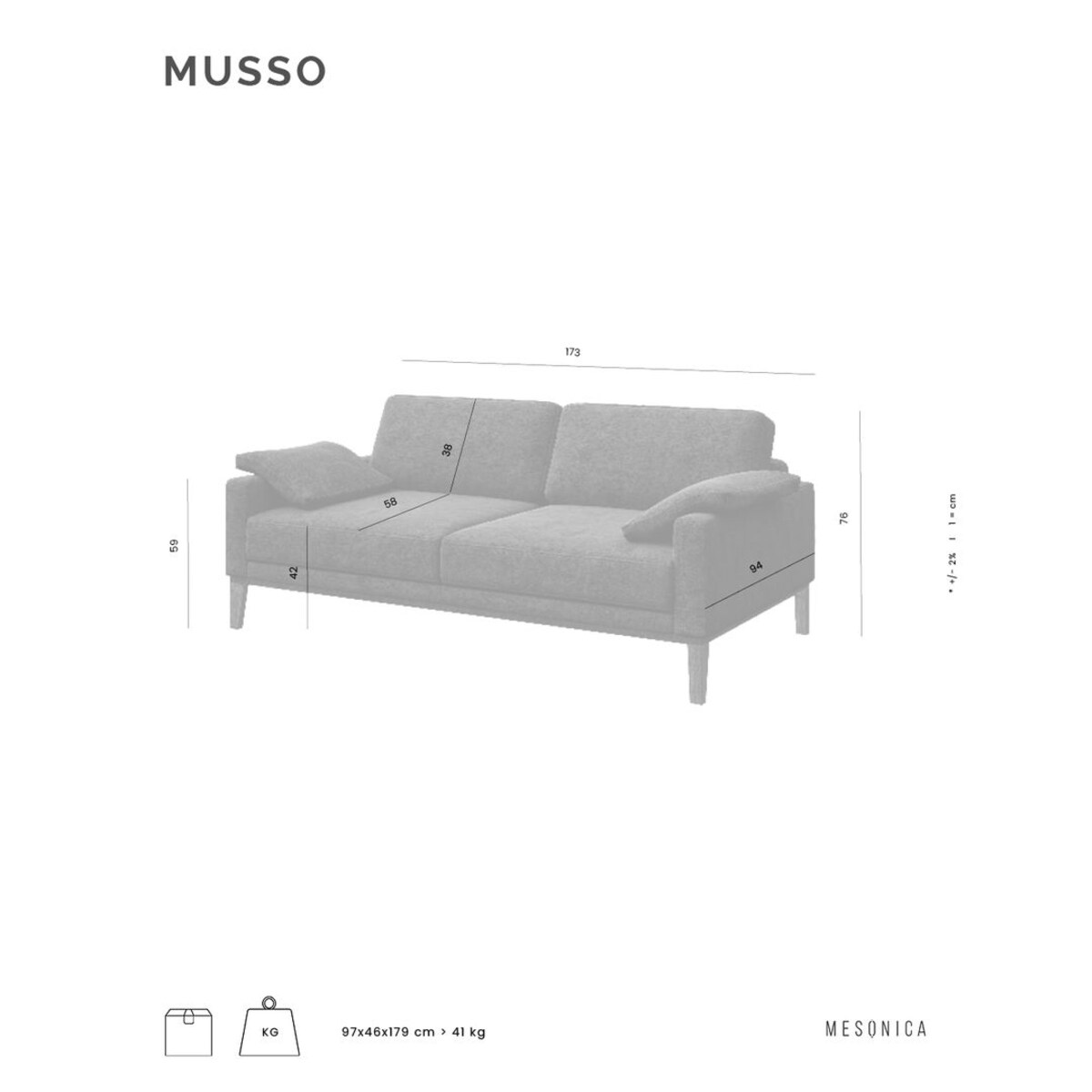 sofa 2-osobowa Musso z pikowanym siedziskiem Szara