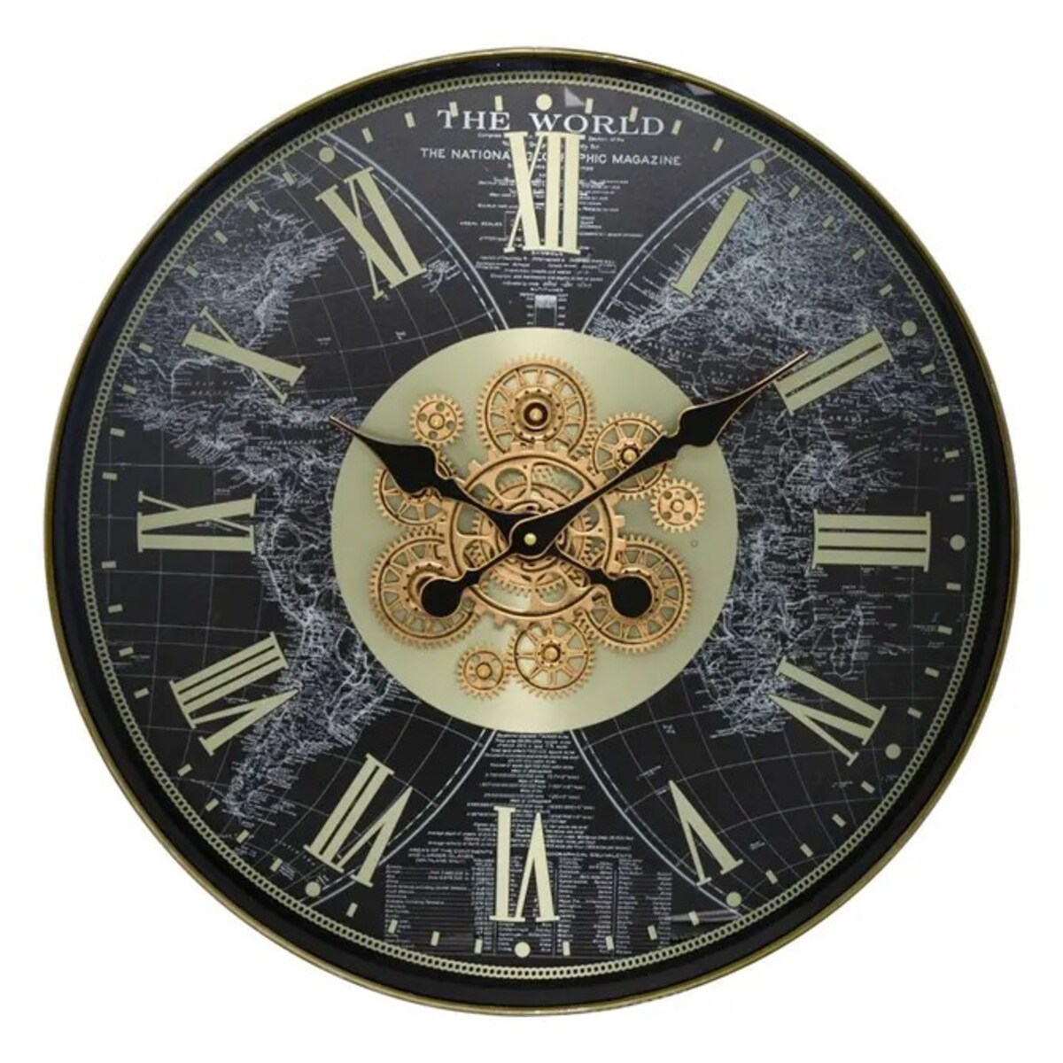 Zegar ścienny z mapą świata, czarno-złoty, Mervin, 60 cm