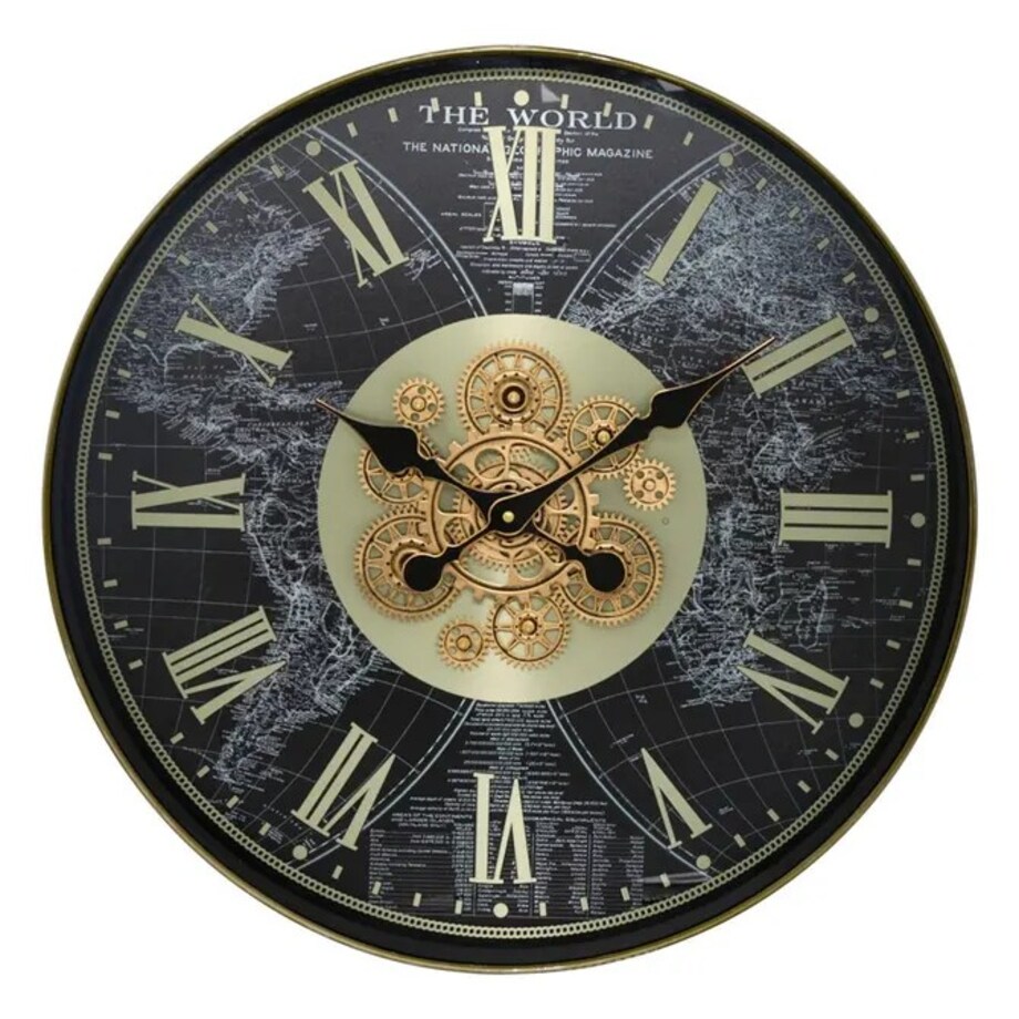 Zegar ścienny z mapą świata, czarno-złoty, Mervin, 60 cm