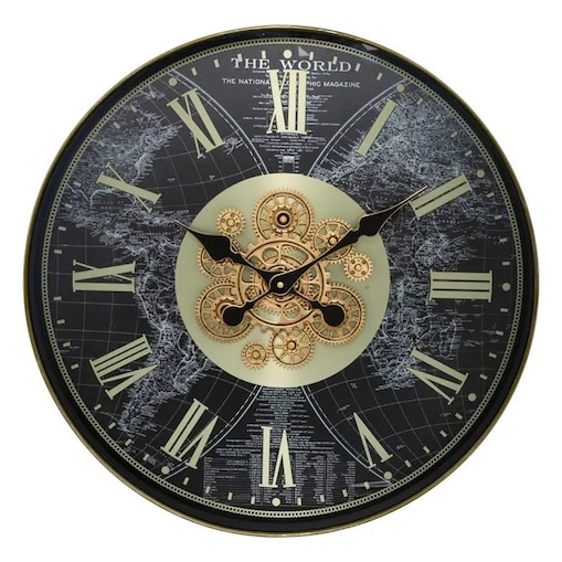 Zegar ścienny z mapą świata, czarno-złoty, Mervin, 60 cm