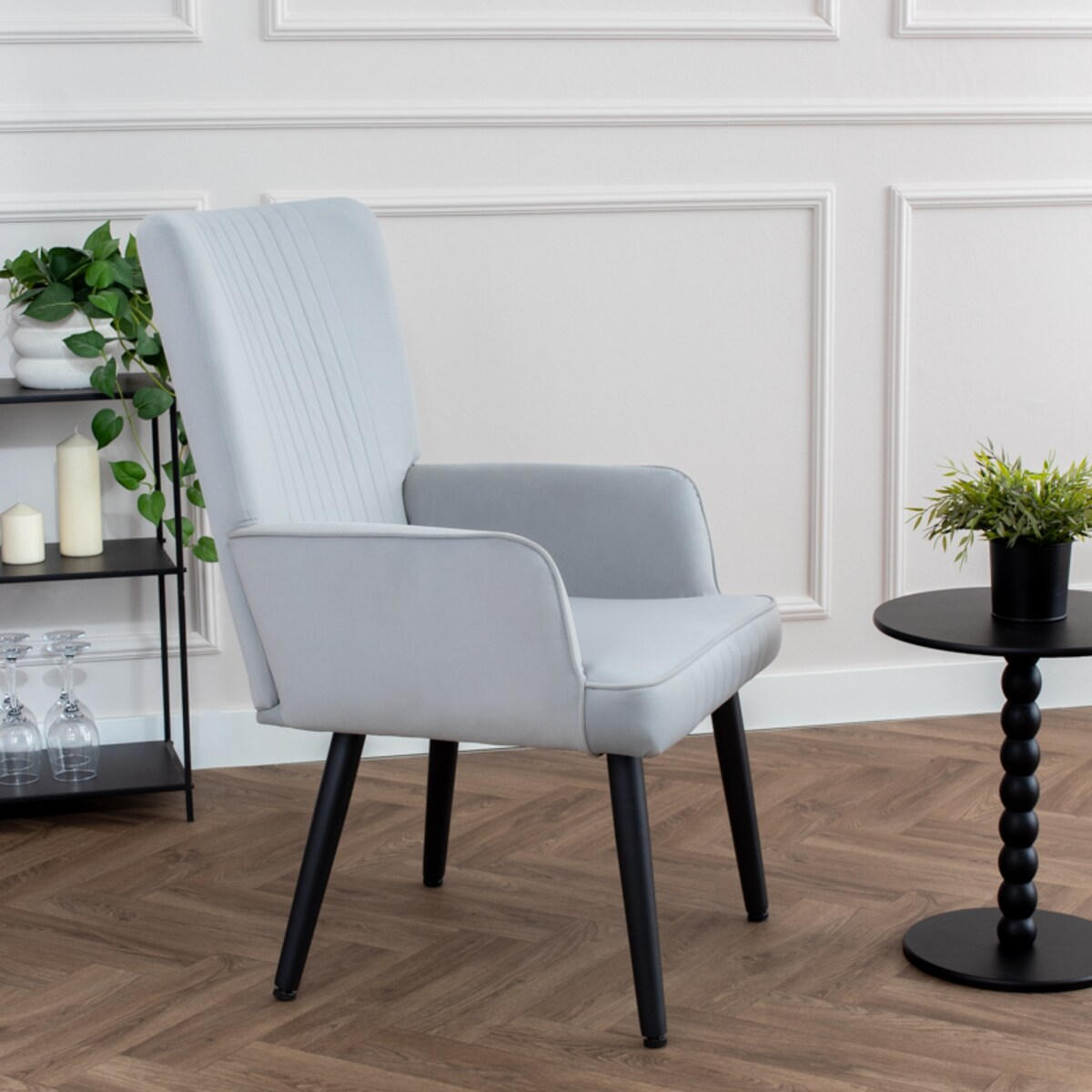 Fotel uszak do salonu wypoczynkowy welurowy tapicerowany jasnoszary