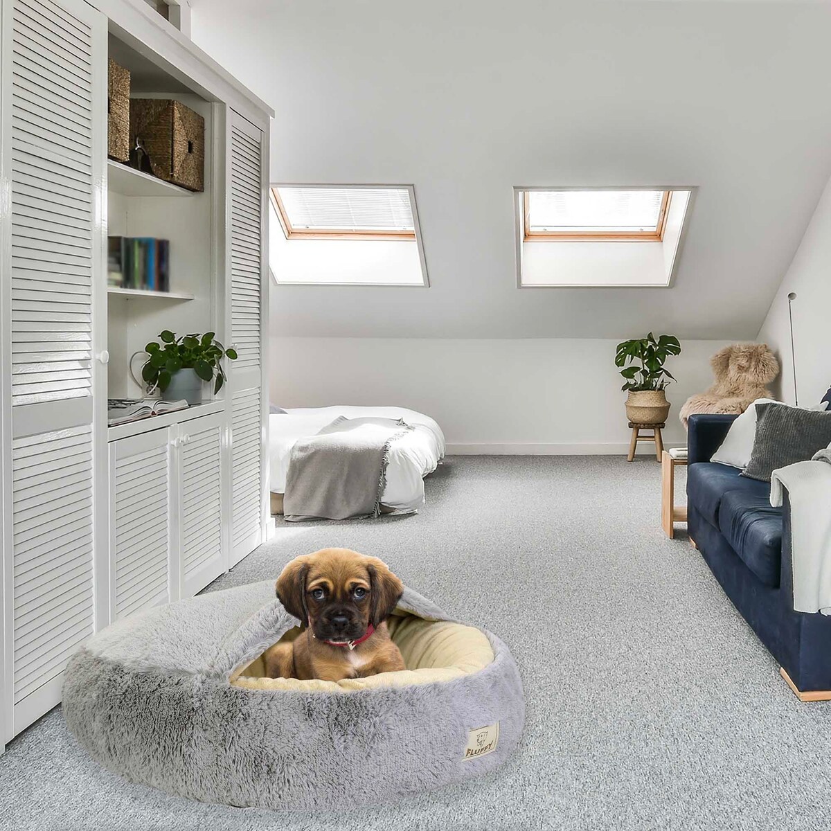 Legowisko Dla Psa Kota Z Daszkiem Jasnoszare Okrągłe Futerkowe 60 Cm