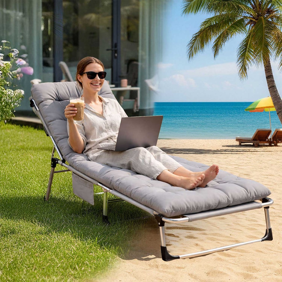 Leżak ogrodowy Sofotel Dream plażowy składany szary + materac + poduszka + pokrowiec