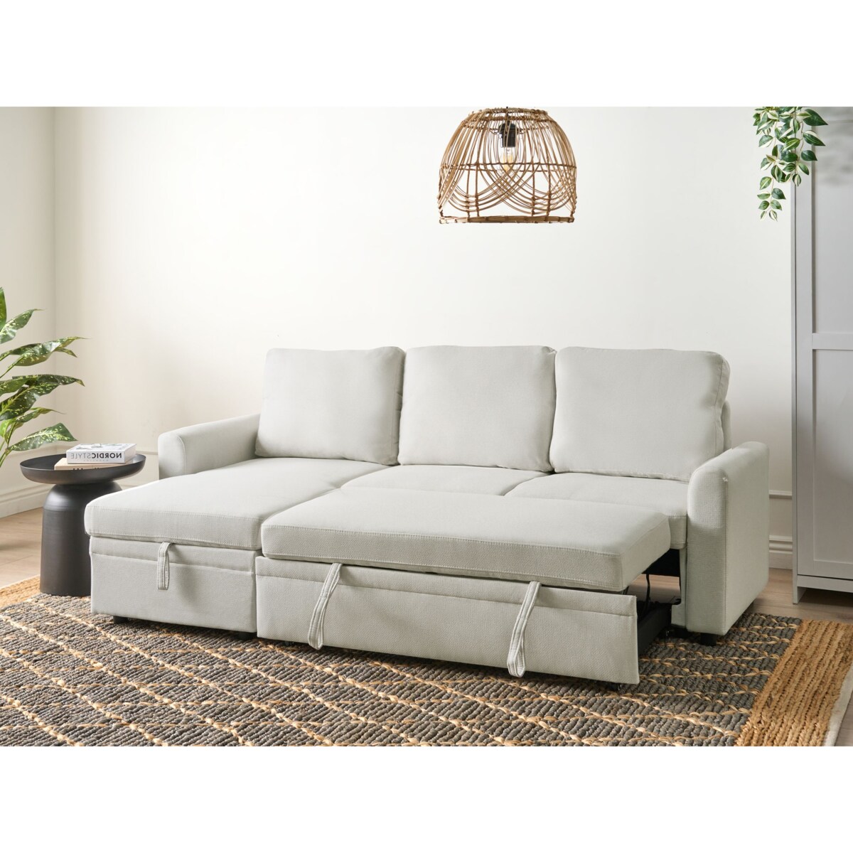 Narożnik rozkładany NASSJO Len syntetyczny Jasnobeżowy dla 3 osób Prawostronny