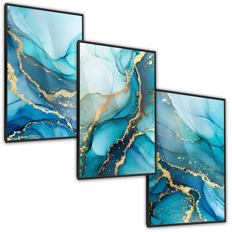 ZESTAW 3X PLAKAT W RAMIE DO SALONU NIEBIESKI MARMUR STYL GLAMOUR 60x80cm