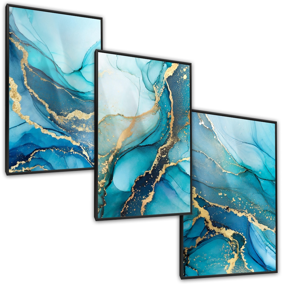 ZESTAW 3X PLAKAT W RAMIE DO SALONU NIEBIESKI MARMUR STYL GLAMOUR 60x80cm