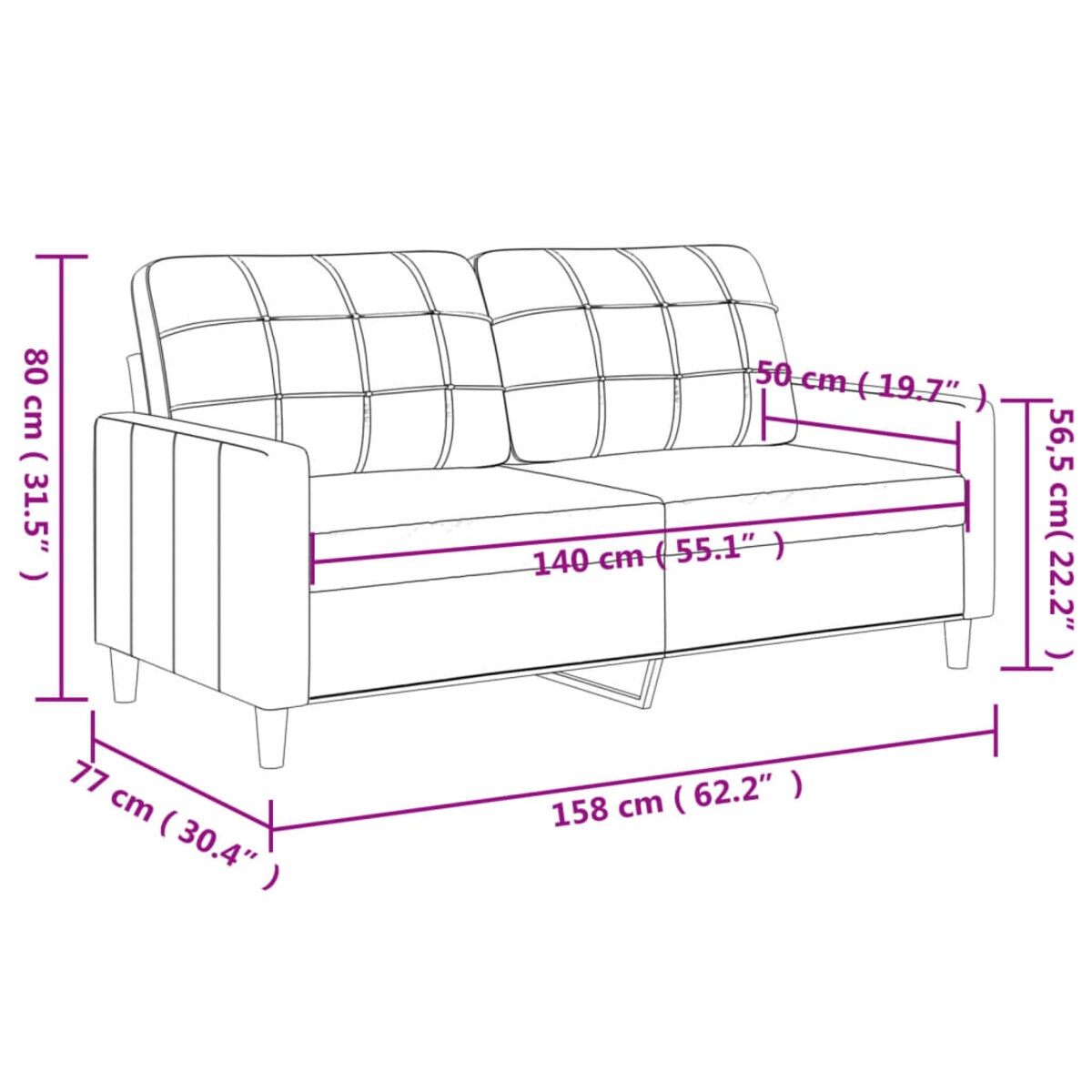 vidaXL 2-osobowa sofa, kremowa, 140 cm, tapicerowana tkaniną