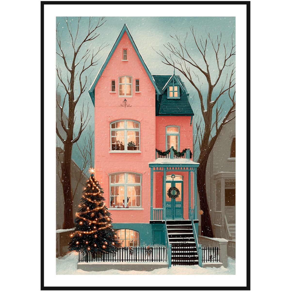 Poster Story, Plakat, Obraz - Zimowy Różowy Dom, wymiary 42 x 60 cm