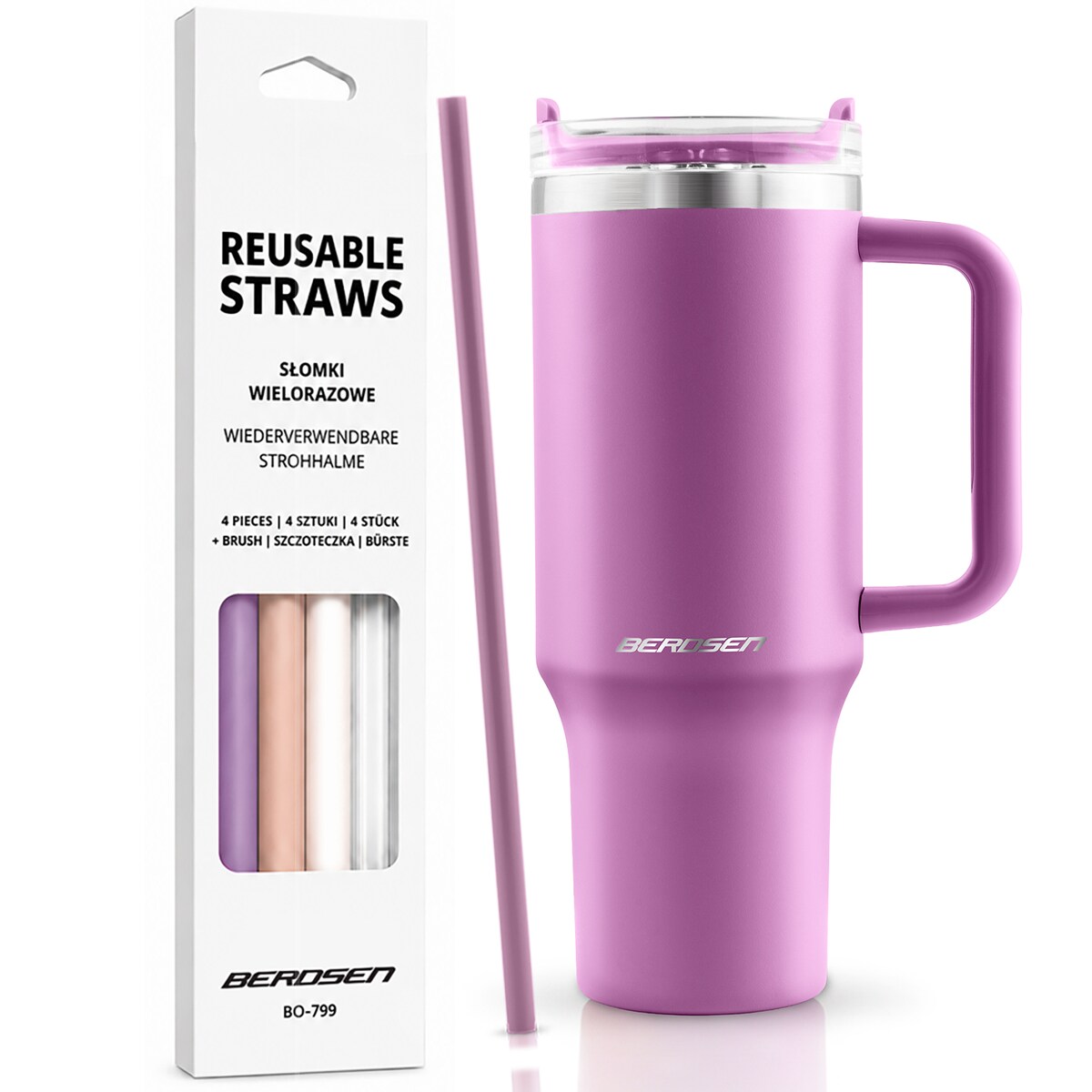 Kubek termiczny Berdsen różowy 1180ml stal nierdzewna zimne ciepłe napoje + zestaw słomek