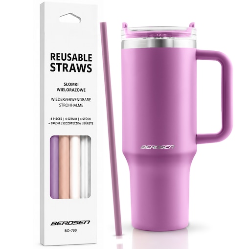 Kubek termiczny Berdsen różowy 1180ml stal nierdzewna zimne ciepłe napoje + zestaw słomek