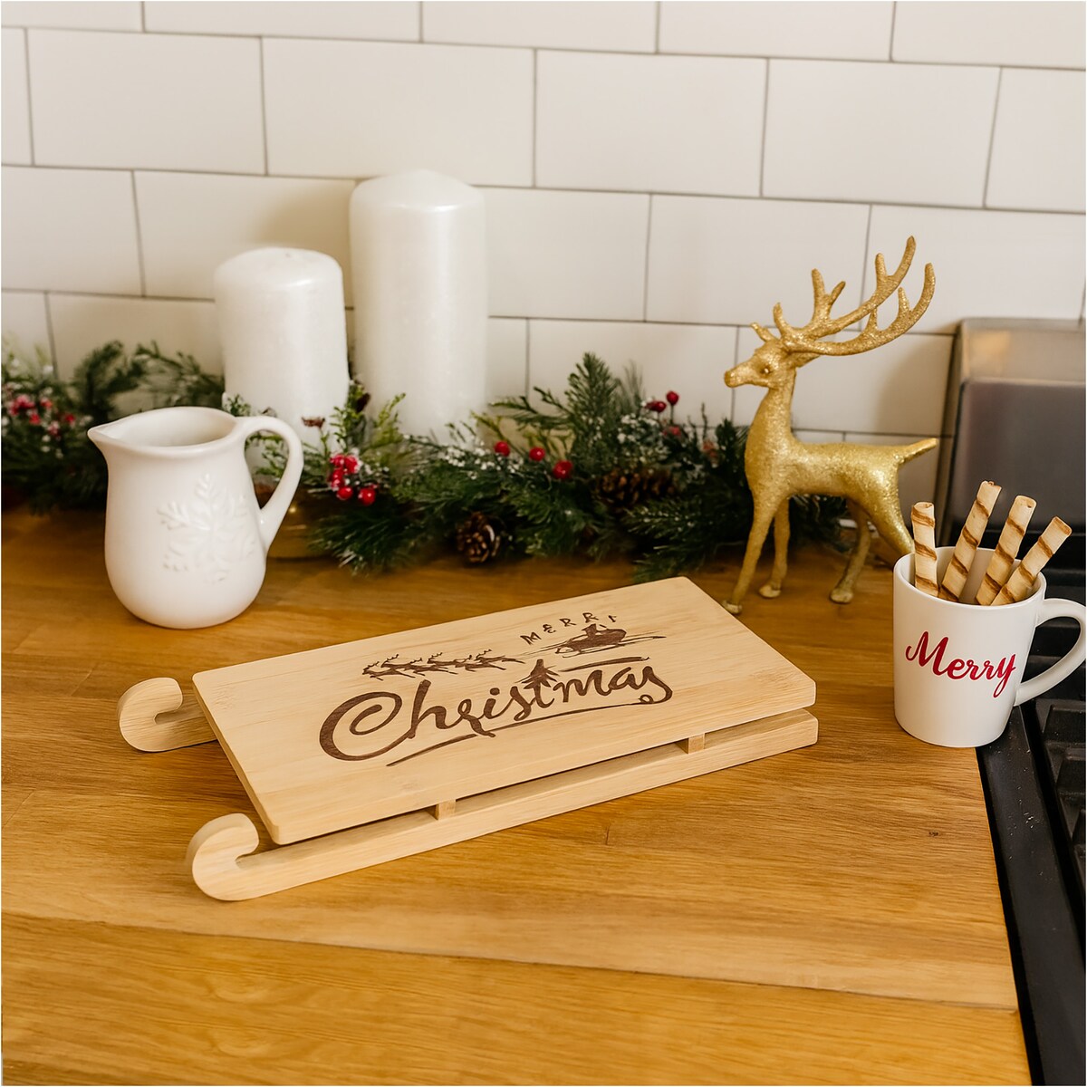 Deska Do Serwowania Świąteczna Na Boże Narodzenie Bambusowa Sanie Mikołaja