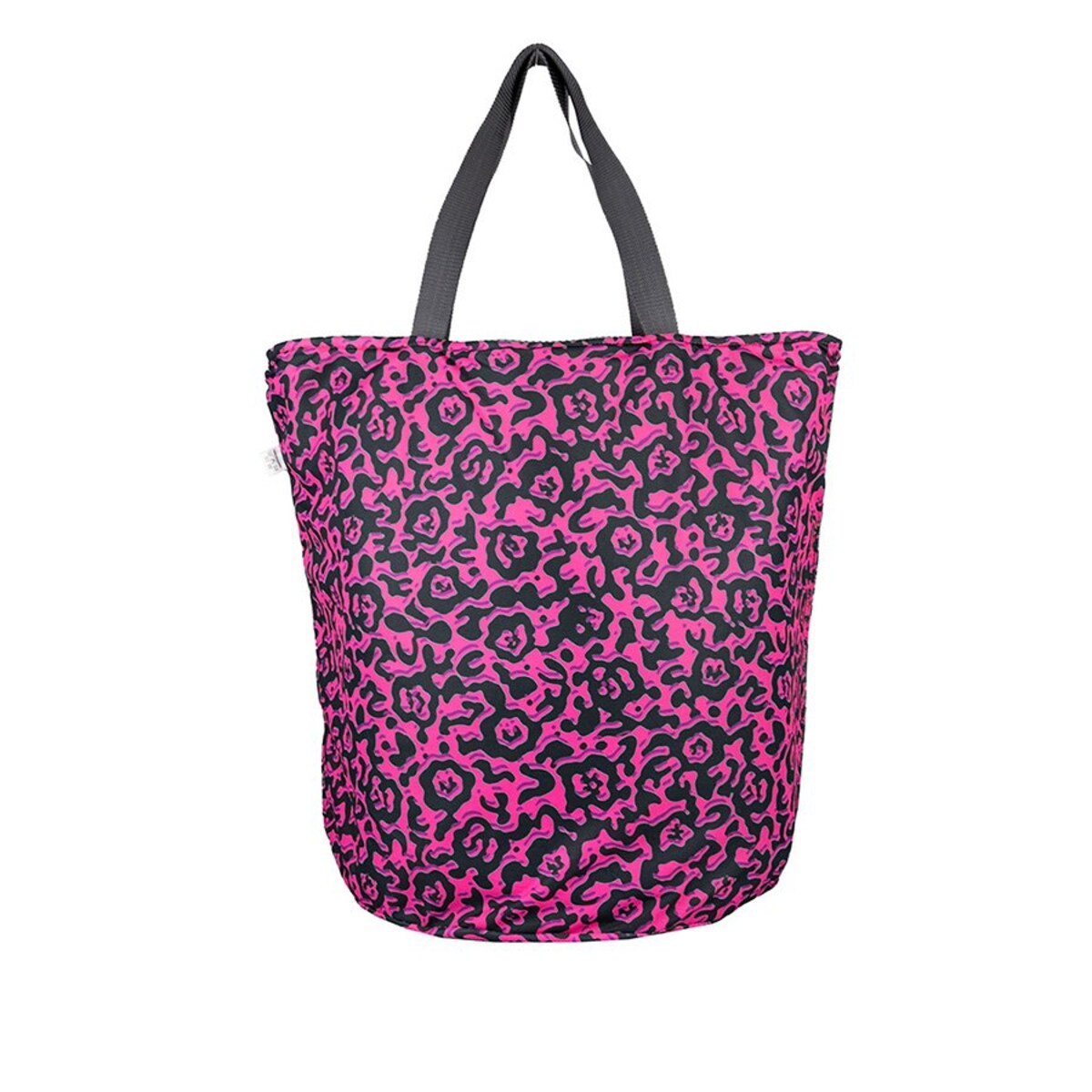 Torba na zakupy z okrągłym spodem, 58x48 szara środek różowa panterka