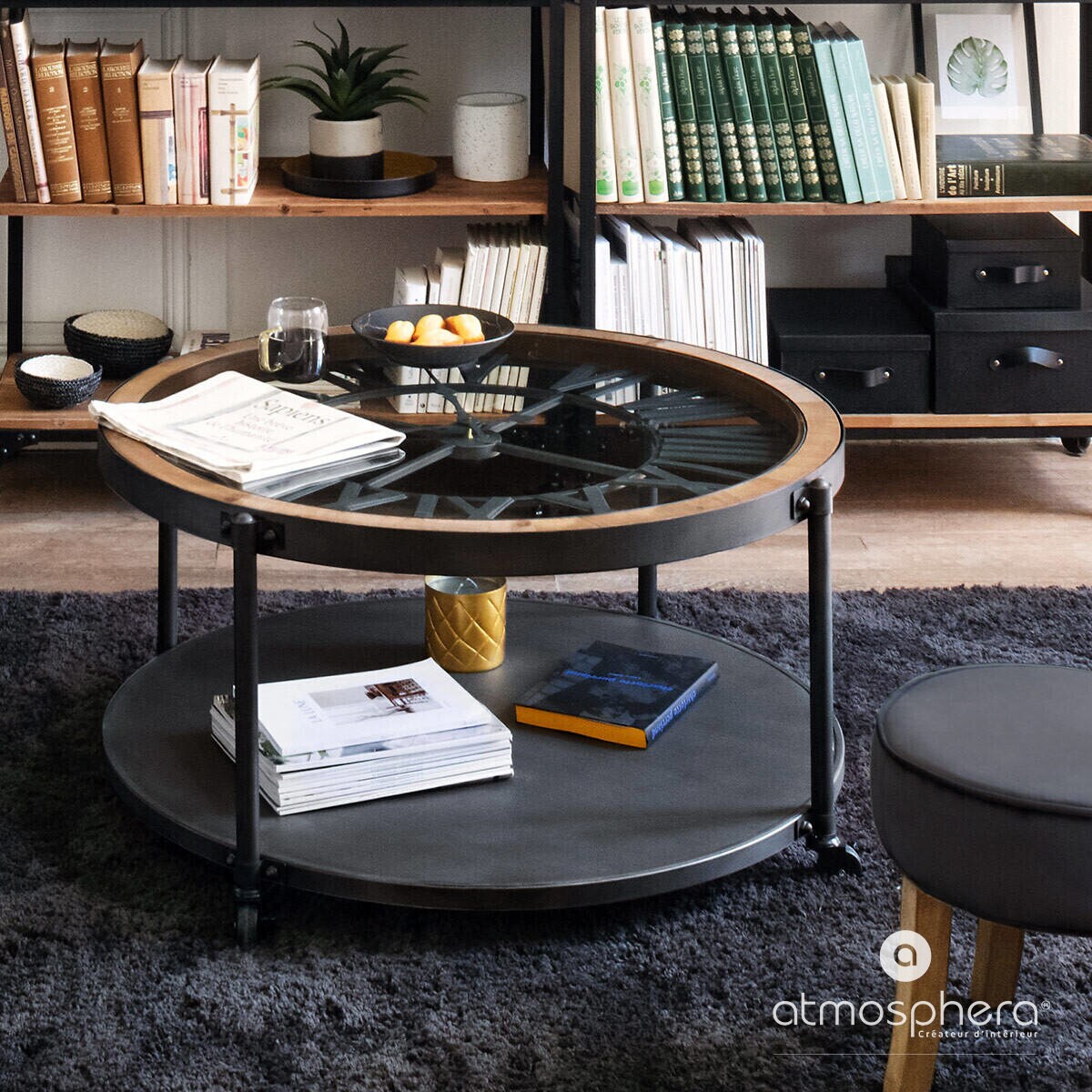 Stolik kawowy z motywem zegara, metalowy z blatem, Ø 90 cm