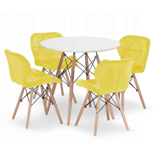 Zestaw Stół Do Jadalni Kuchni Salonu Biura Okrągły Todi 80 Biały + 4 Krzesła Lago Żółte