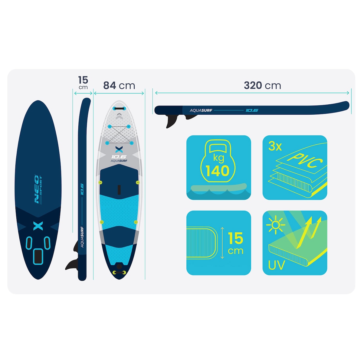 Deska SUP do pływania Neo-Sport stand up paddle Aquasurf 320cm pompowana zestaw